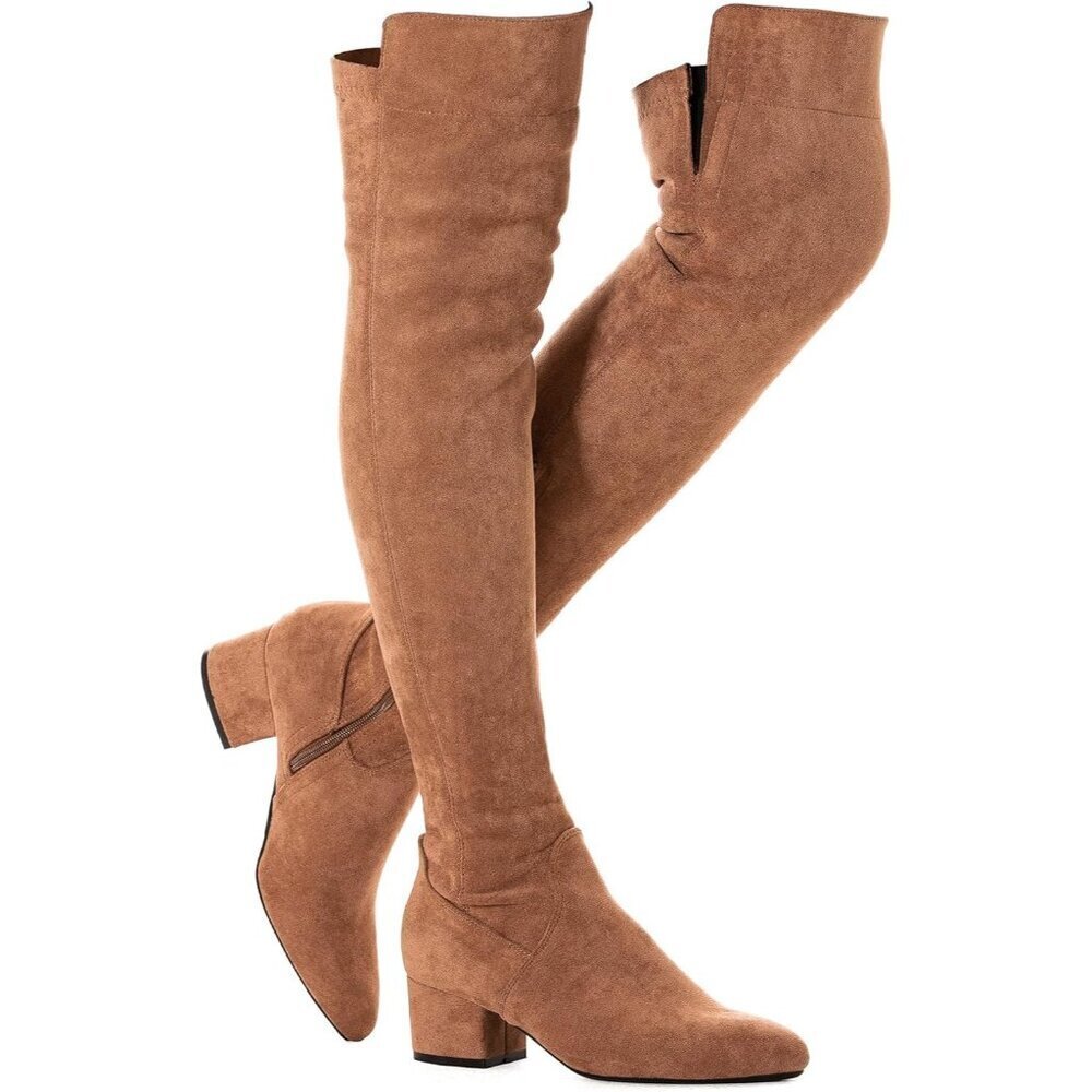Women Brown/2 Inch Heel Faux Suede Over The Knee Thigh High Low Block Heel Boot